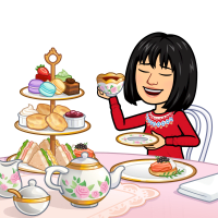 Cartoon avatar of Sherry He having a tea party
